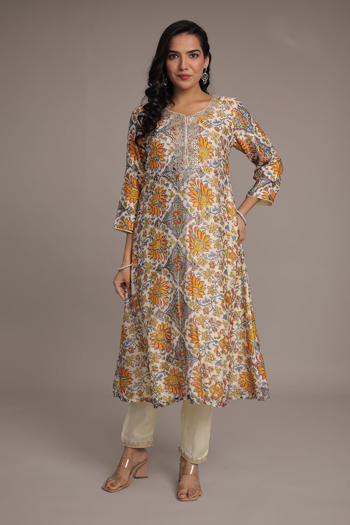 Cream Printed Chanderi Suit 