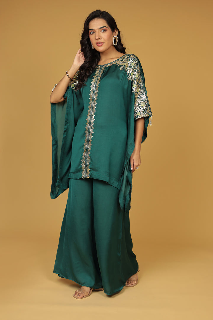 Satin Silk Kaftan Set with Gota Patti, Thread and Zardozi work
