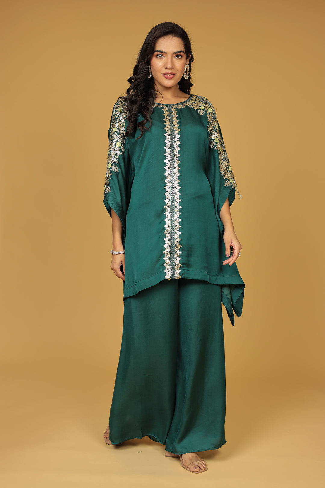 Satin Silk Kaftan Set with Gota Patti, Thread and Zardozi work