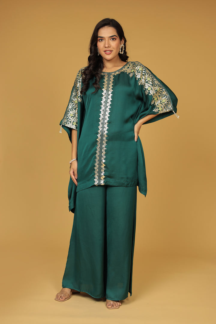 Satin Silk Kaftan Set with Gota Patti, Thread and Zardozi work