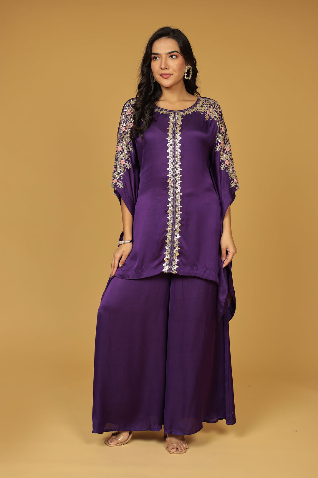 Satin Silk Kaftan Set with Gota Patti, Thread and Zardozi work