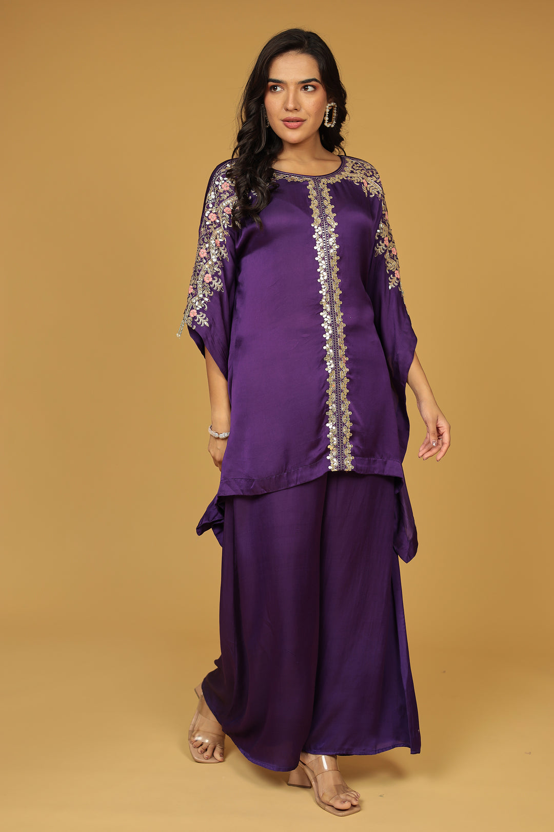 Satin Silk Kaftan Set with Gota Patti, Thread and Zardozi work