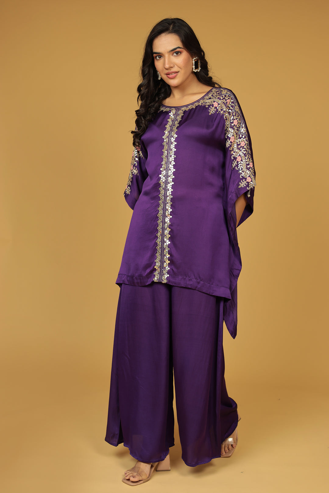 Satin Silk Kaftan Set with Gota Patti, Thread and Zardozi work