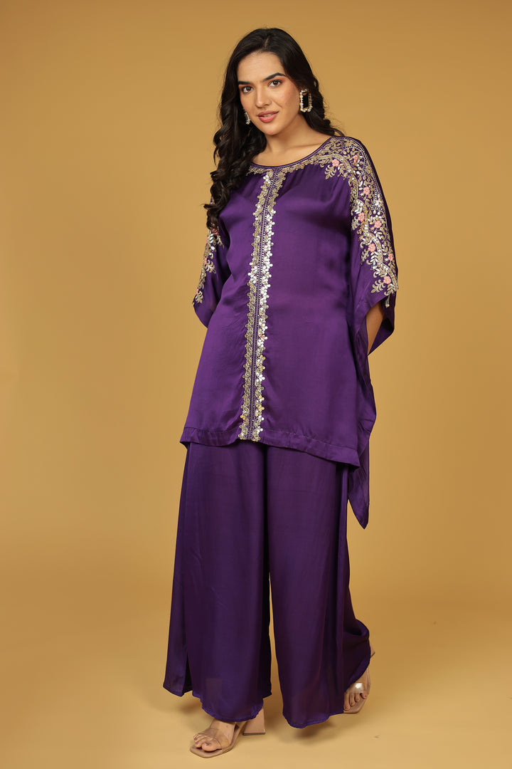Satin Silk Kaftan Set with Gota Patti, Thread and Zardozi work