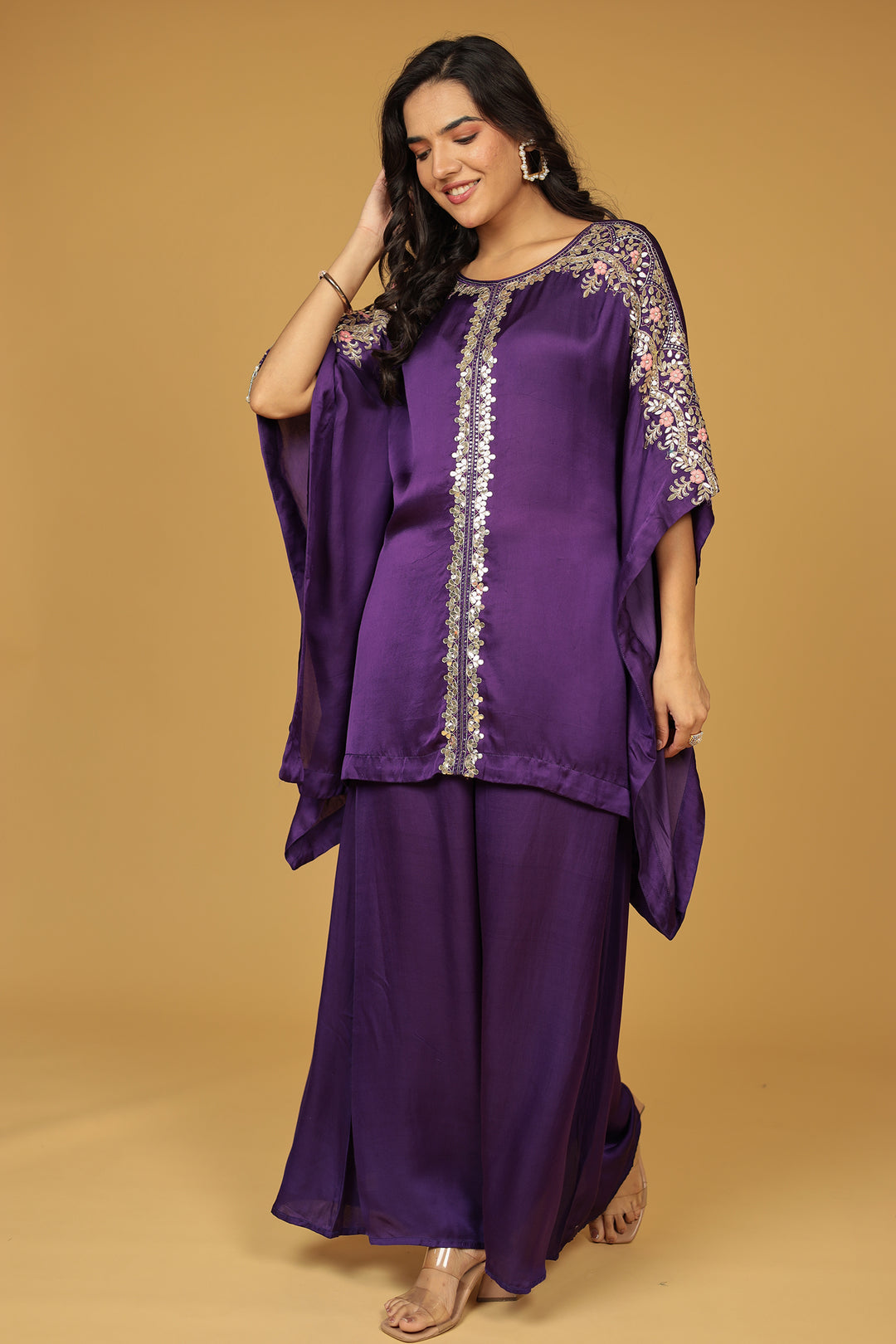 Satin Silk Kaftan Set with Gota Patti, Thread and Zardozi work