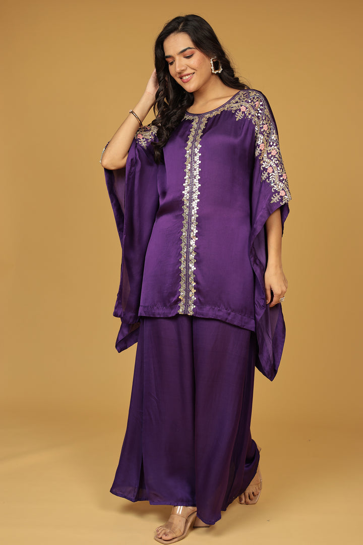 Satin Silk Kaftan Set with Gota Patti, Thread and Zardozi work