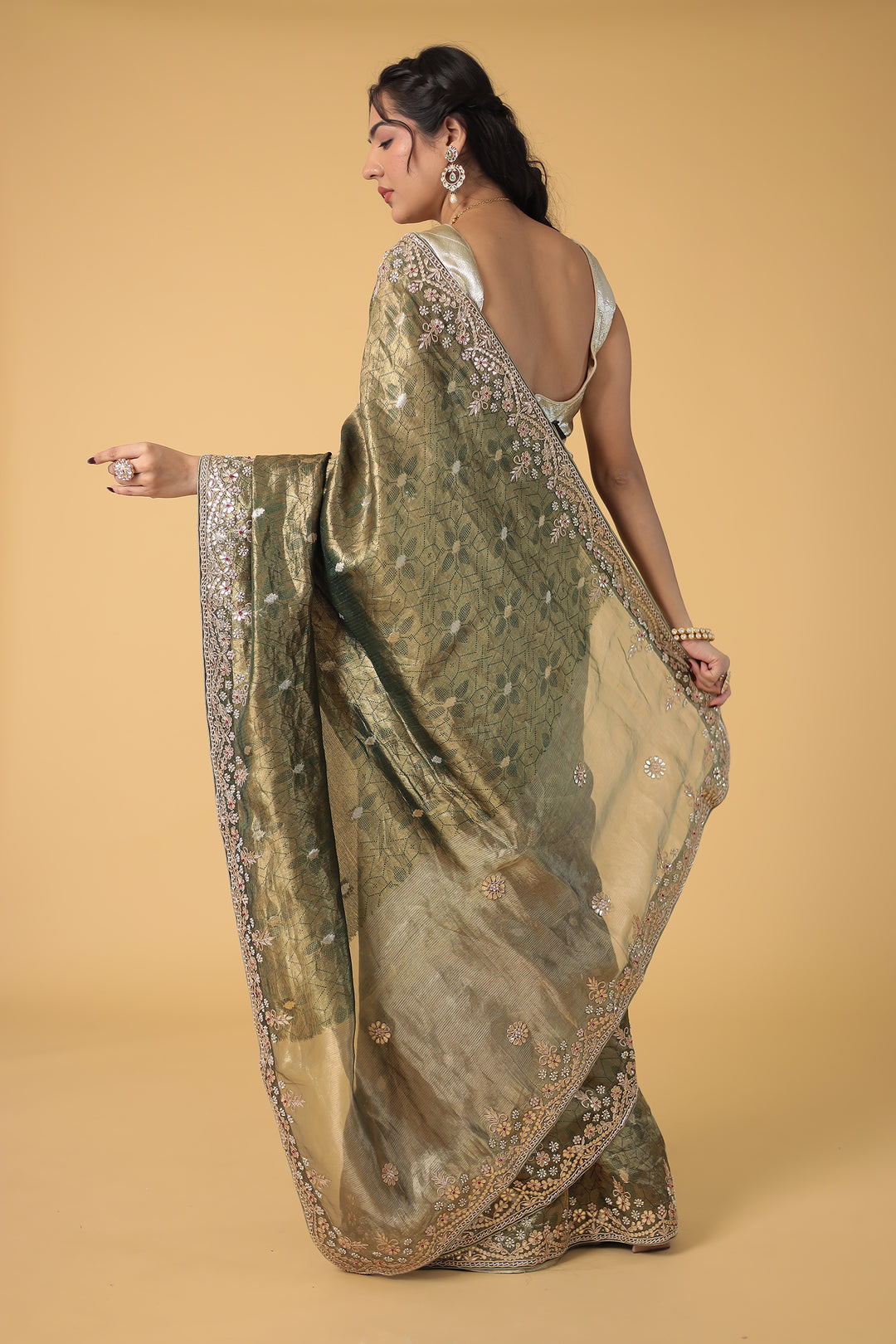 Green Tissue Handloom Saree with Dori, Gota Patti and Pearl work