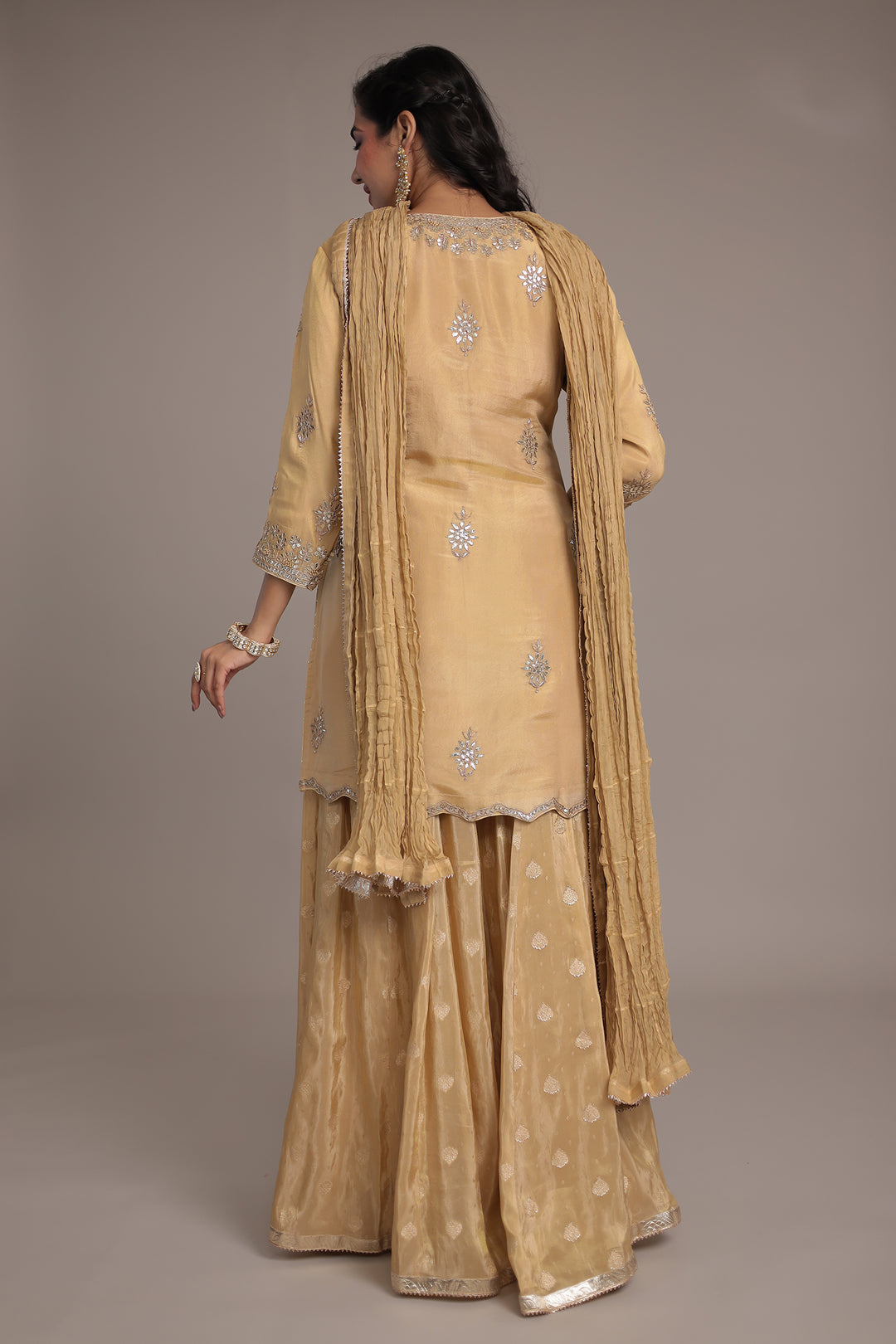 Shimmer Tissue Suit Embroidered with Dori, Gota Patti and Zardozi work