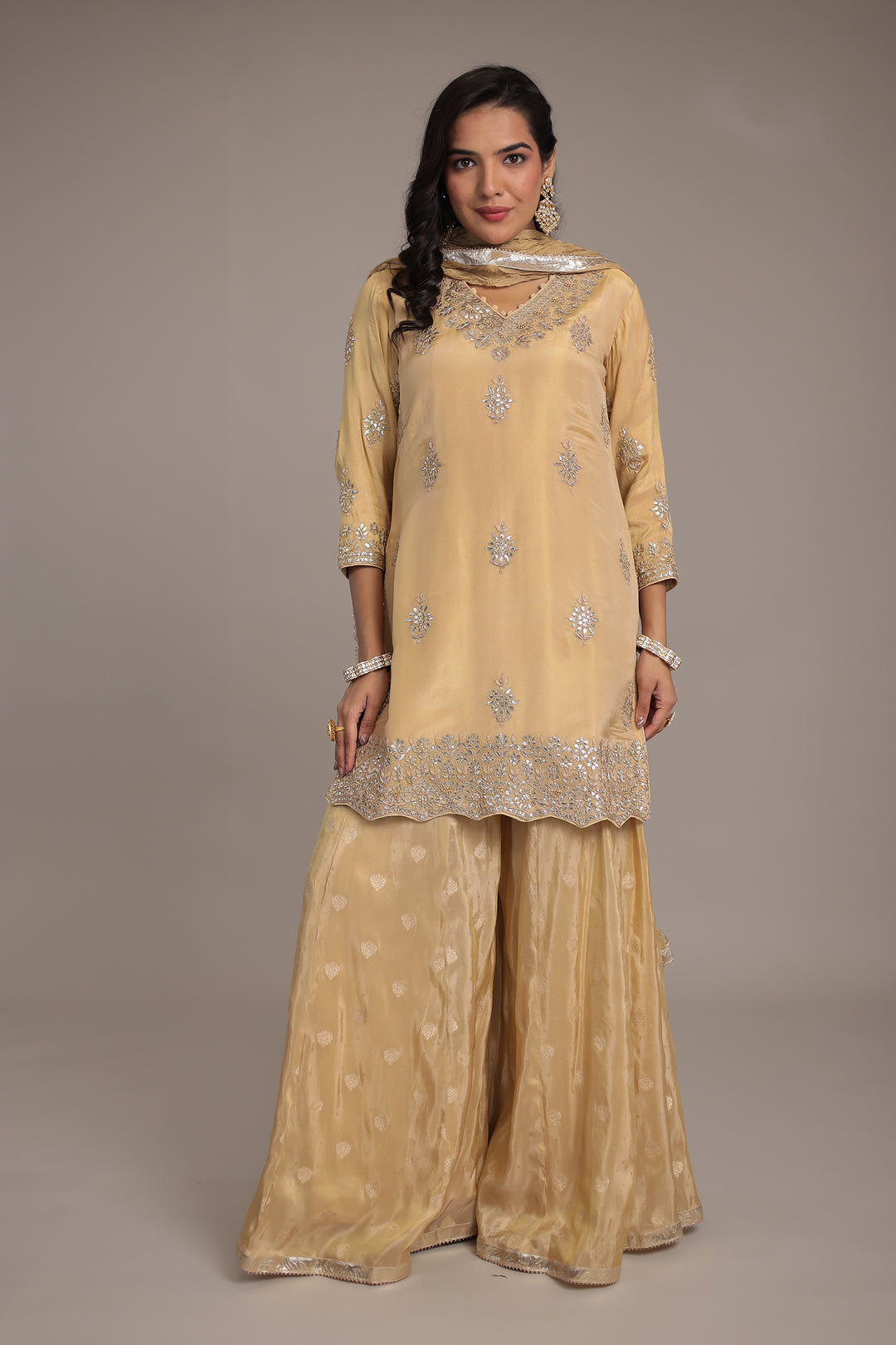 Shimmer Tissue Suit Embroidered with Dori, Gota Patti and Zardozi work
