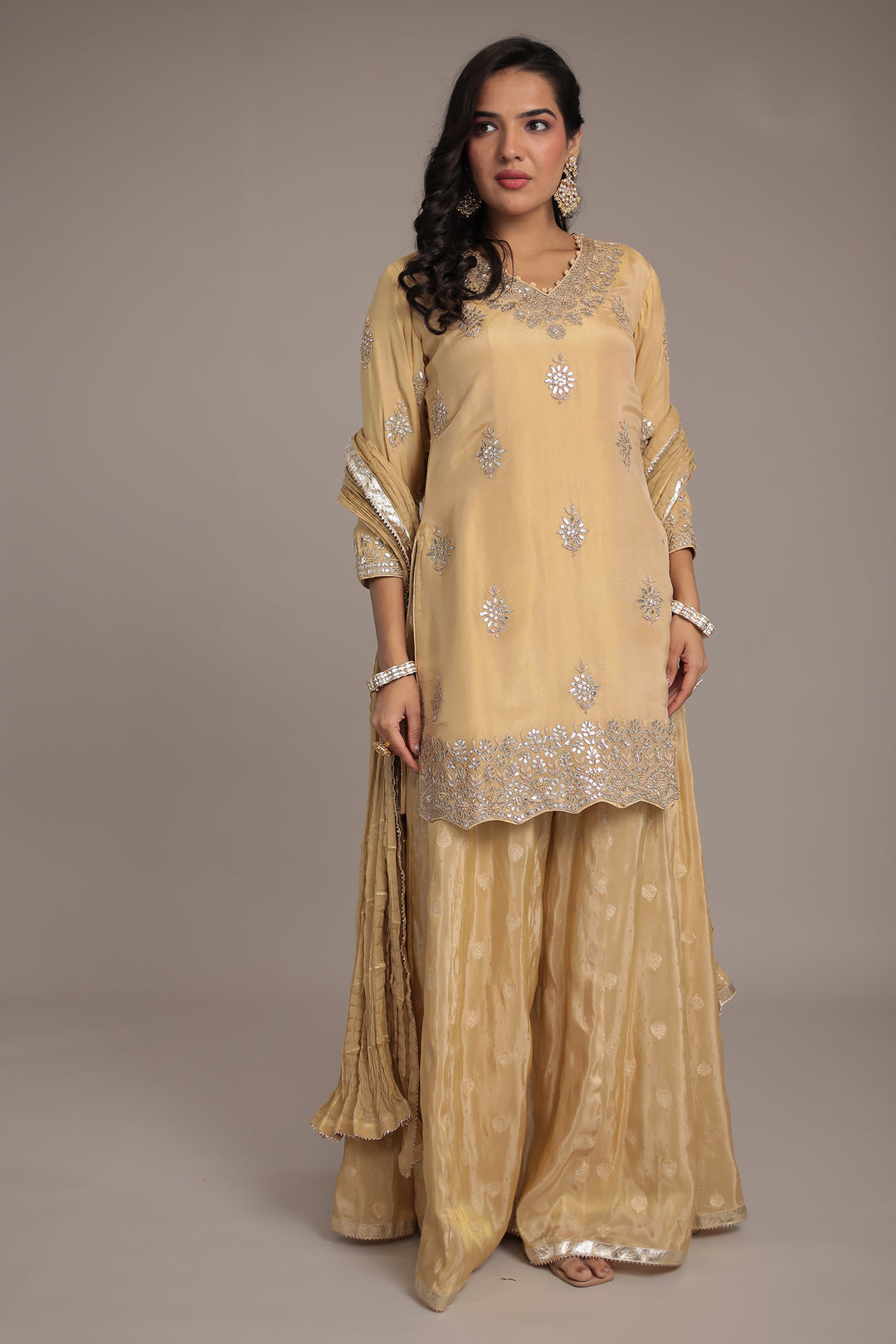 Shimmer Tissue Suit Embroidered with Dori, Gota Patti and Zardozi work