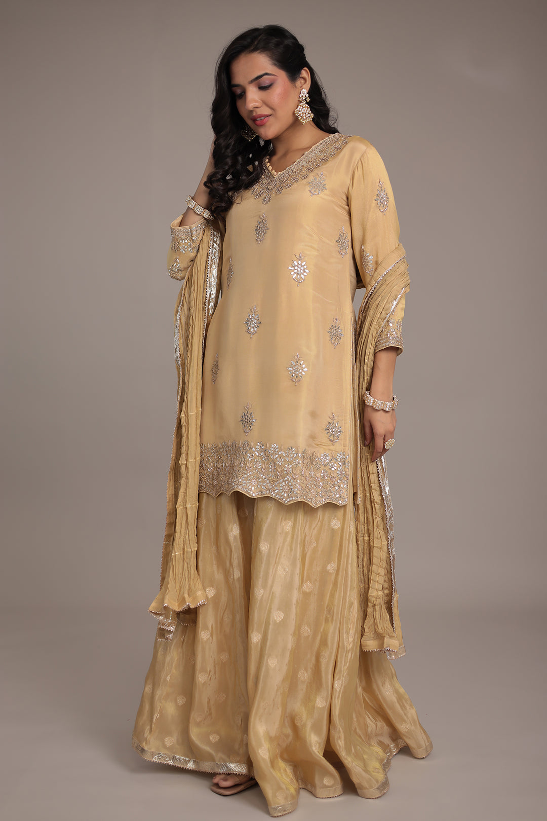 Shimmer Tissue Suit Embroidered with Dori, Gota Patti and Zardozi work