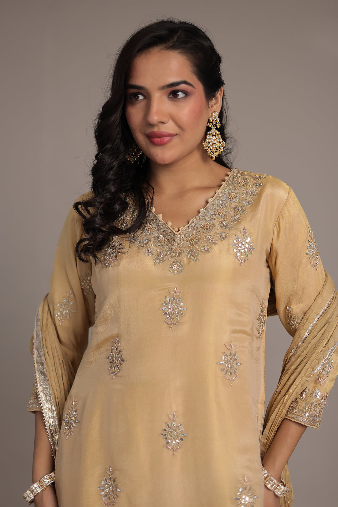 Shimmer Tissue Suit Embroidered with Dori, Gota Patti and Zardozi work
