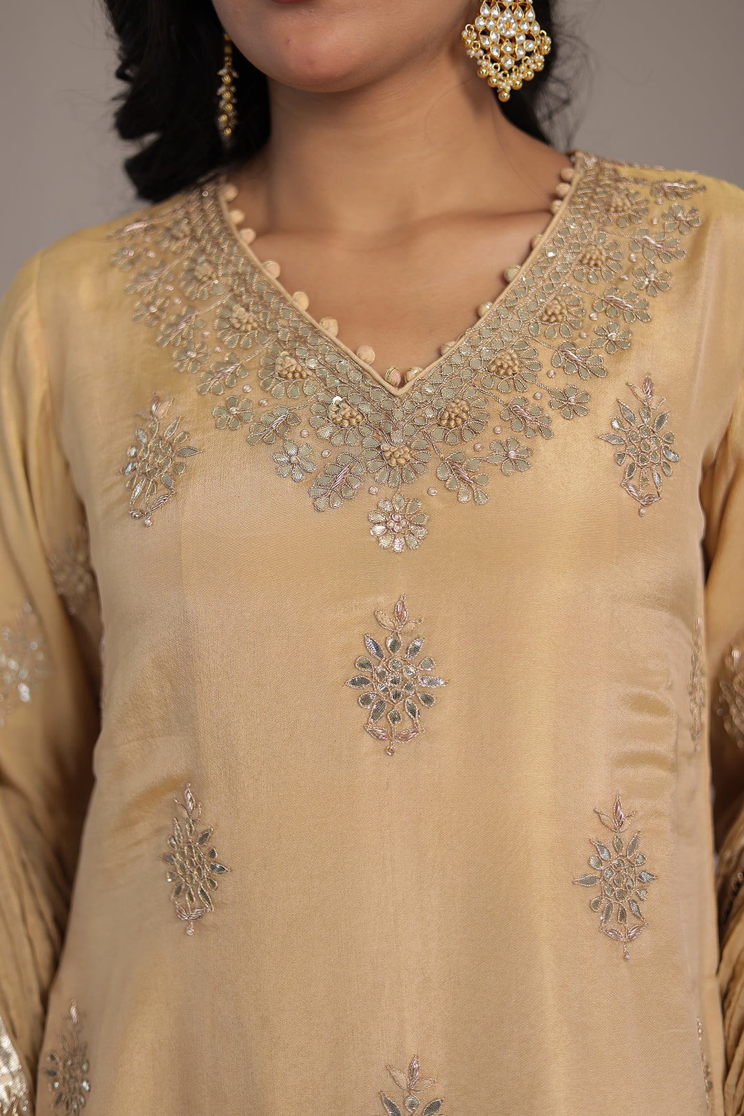 Shimmer Tissue Suit Embroidered with Dori, Gota Patti and Zardozi work