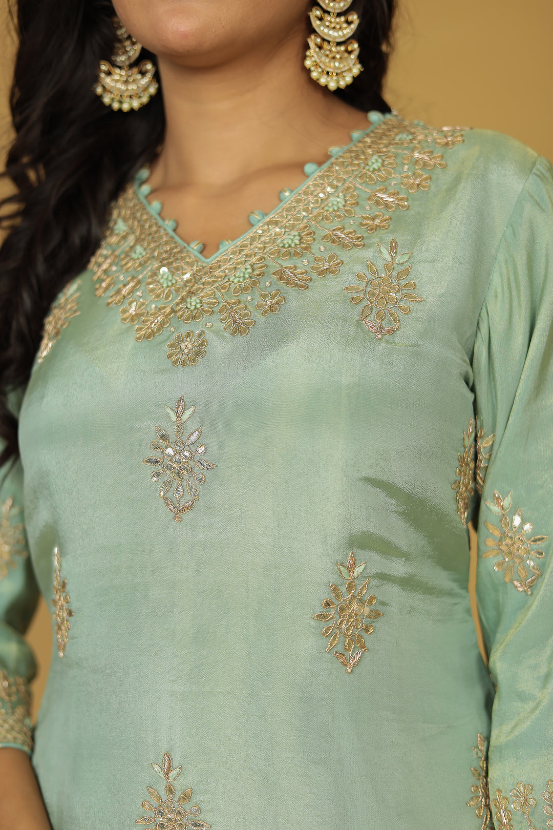 Festive Shimmer Tissue Suit with Aari, Gota Patti and Thread work