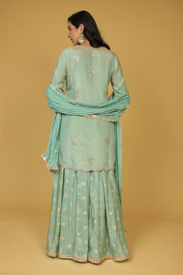 Festive Shimmer Tissue Suit with Aari, Gota Patti and Thread work