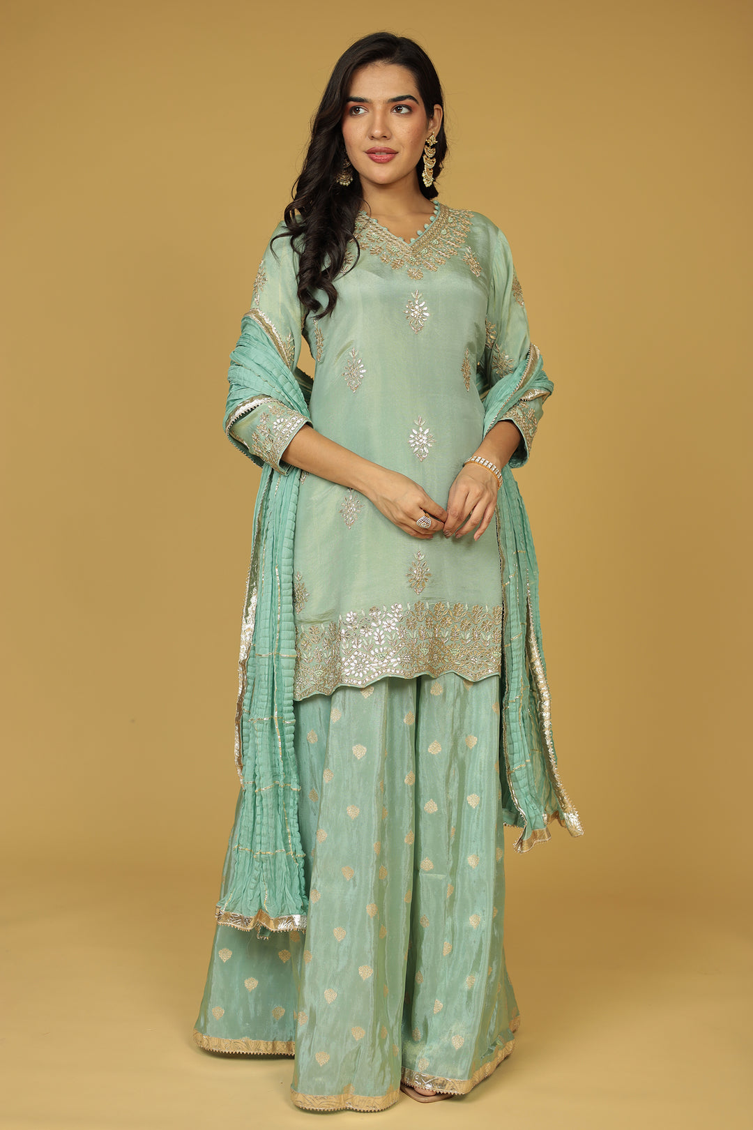 Festive Shimmer Tissue Suit with Aari, Gota Patti and Thread work