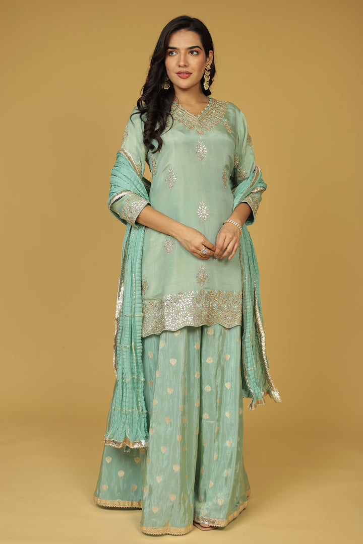 Festive Shimmer Tissue Suit with Aari, Gota Patti and Thread work