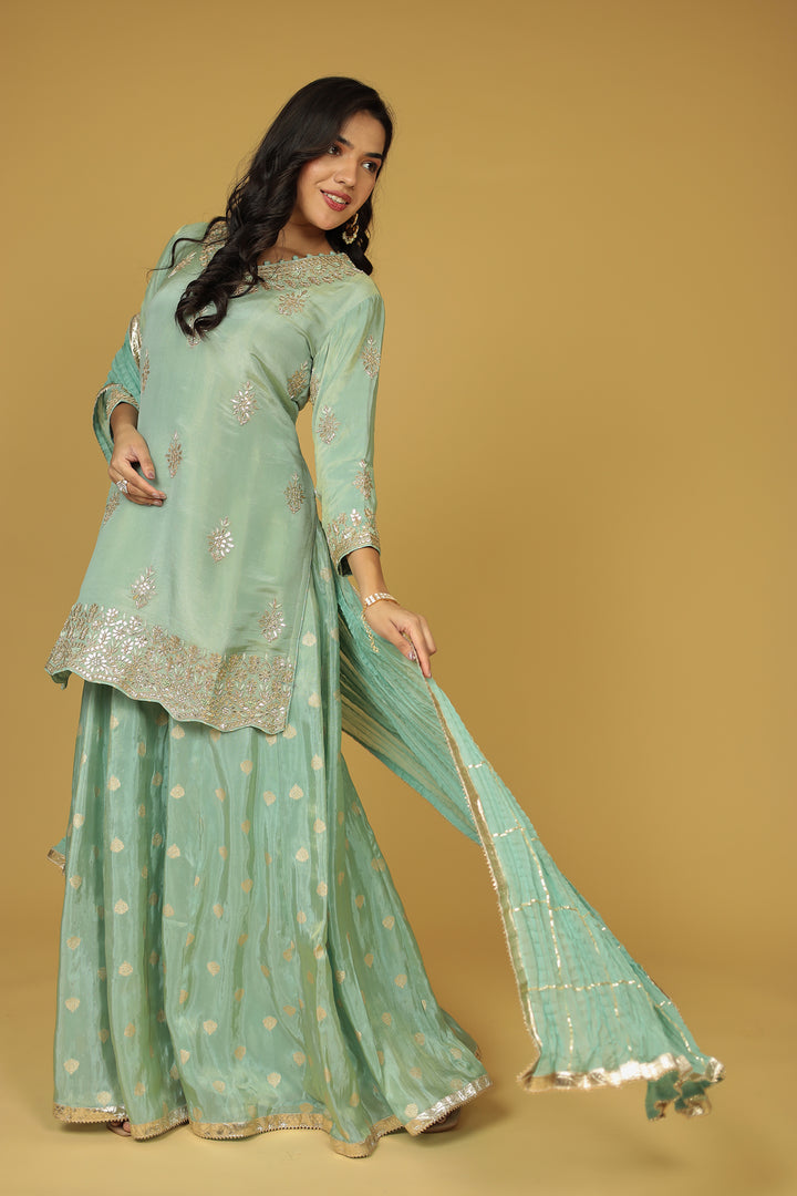 Festive Shimmer Tissue Suit with Aari, Gota Patti and Thread work