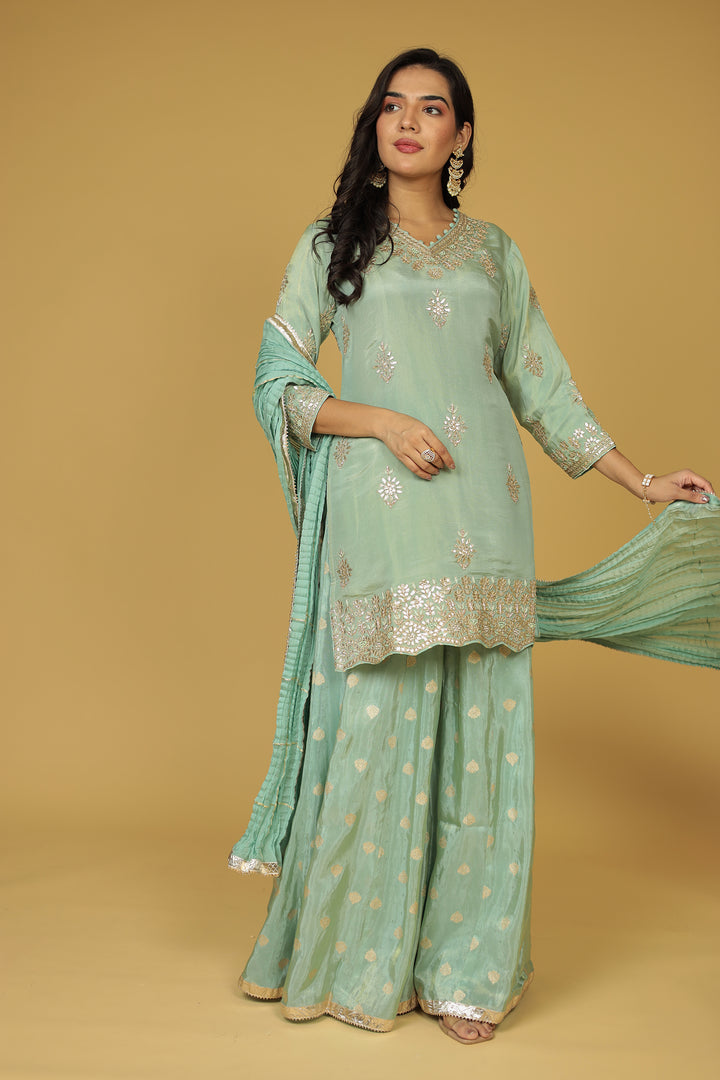 Festive Shimmer Tissue Suit with Aari, Gota Patti and Thread work