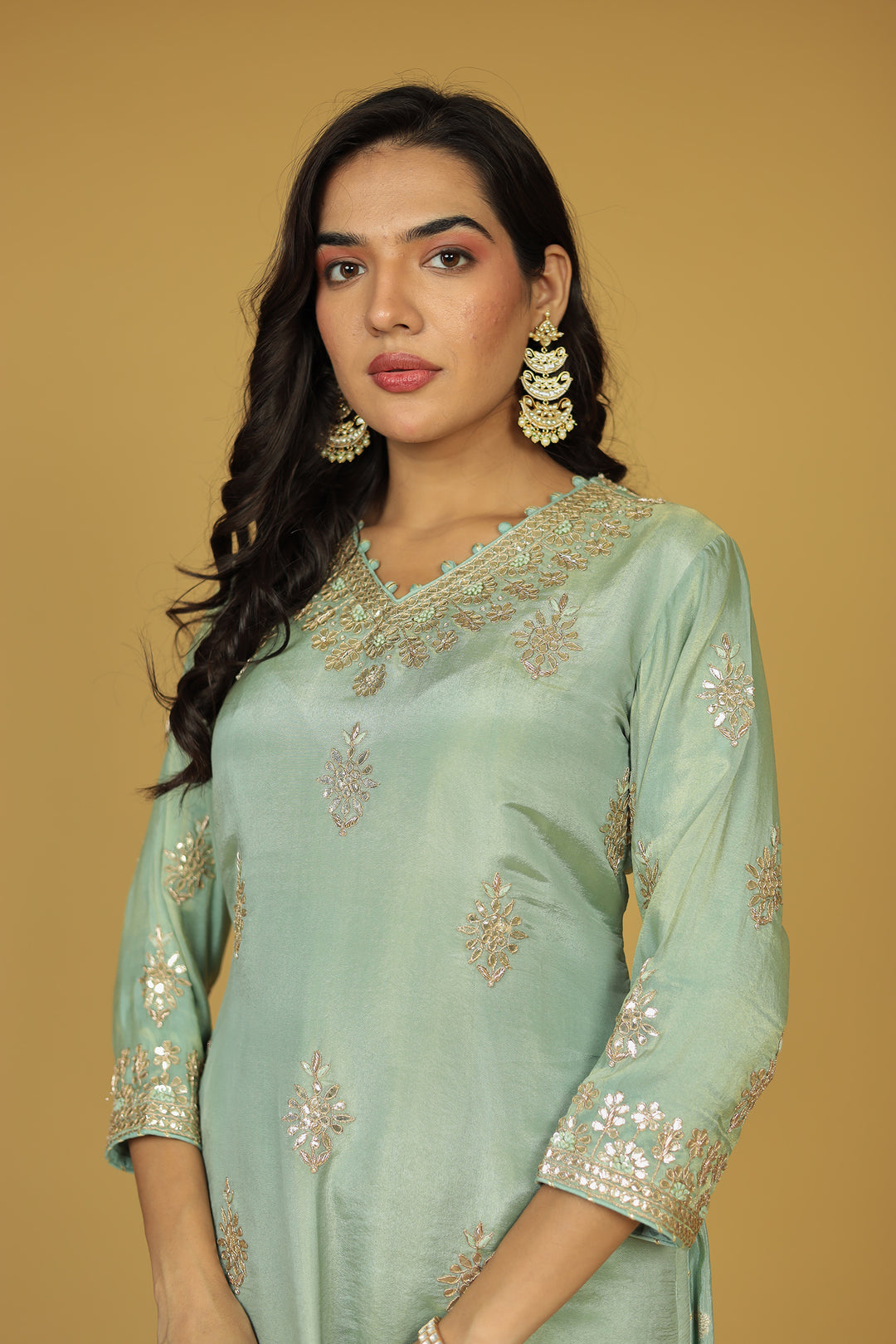 Festive Shimmer Tissue Suit with Aari, Gota Patti and Thread work