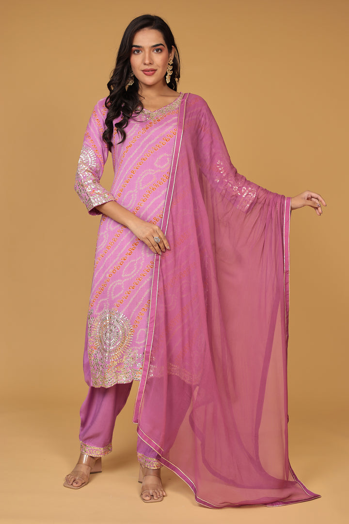 Bandhej Georgette Straight Suit with Aari and Gota Patti work