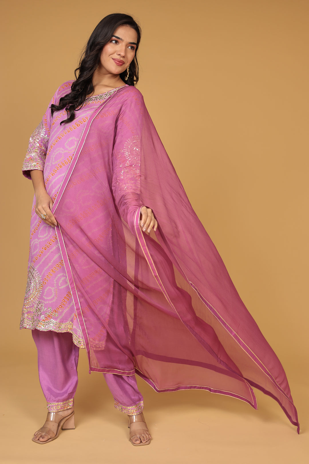 Bandhej Georgette Straight Suit with Aari and Gota Patti work