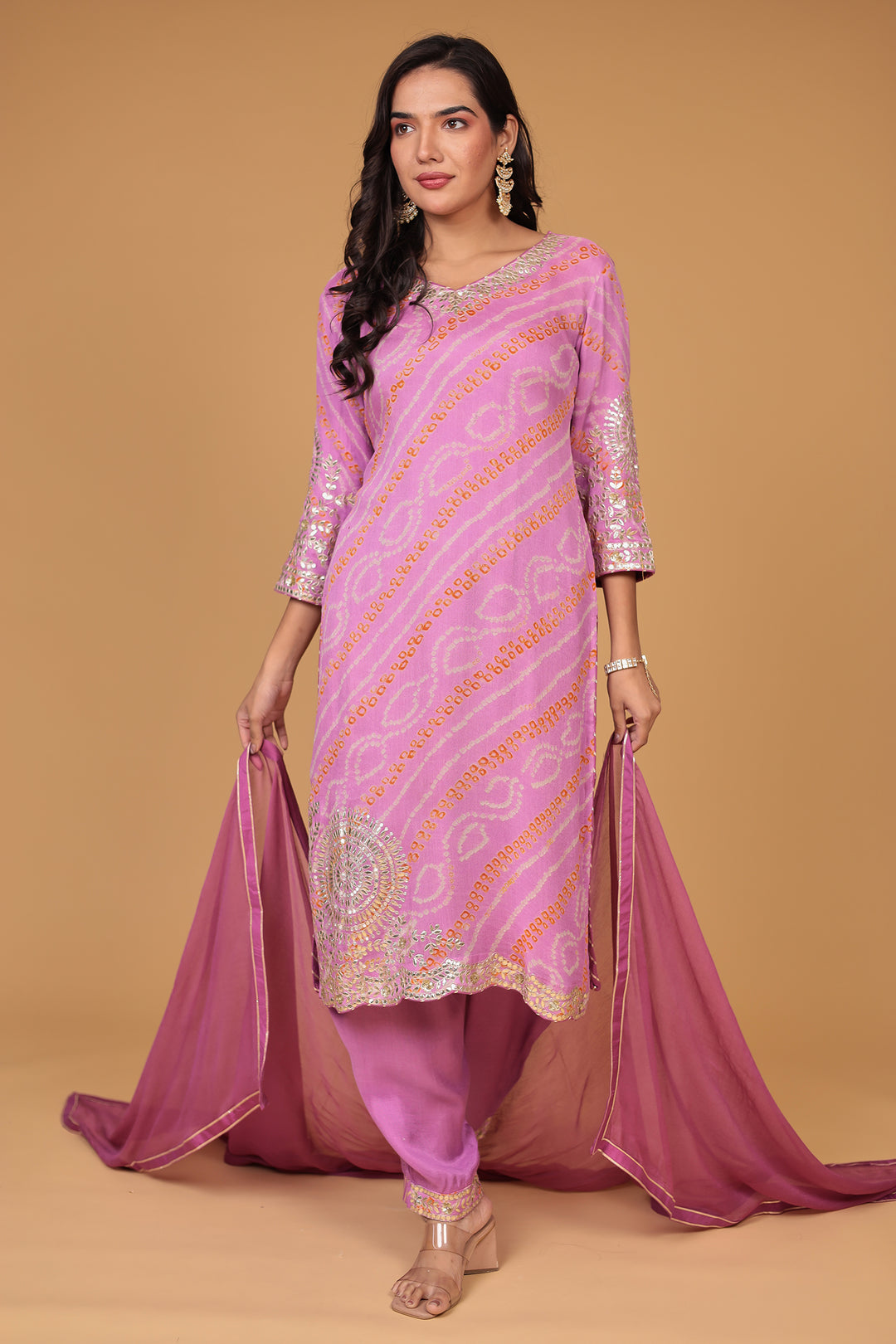 Bandhej Georgette Straight Suit with Aari and Gota Patti work