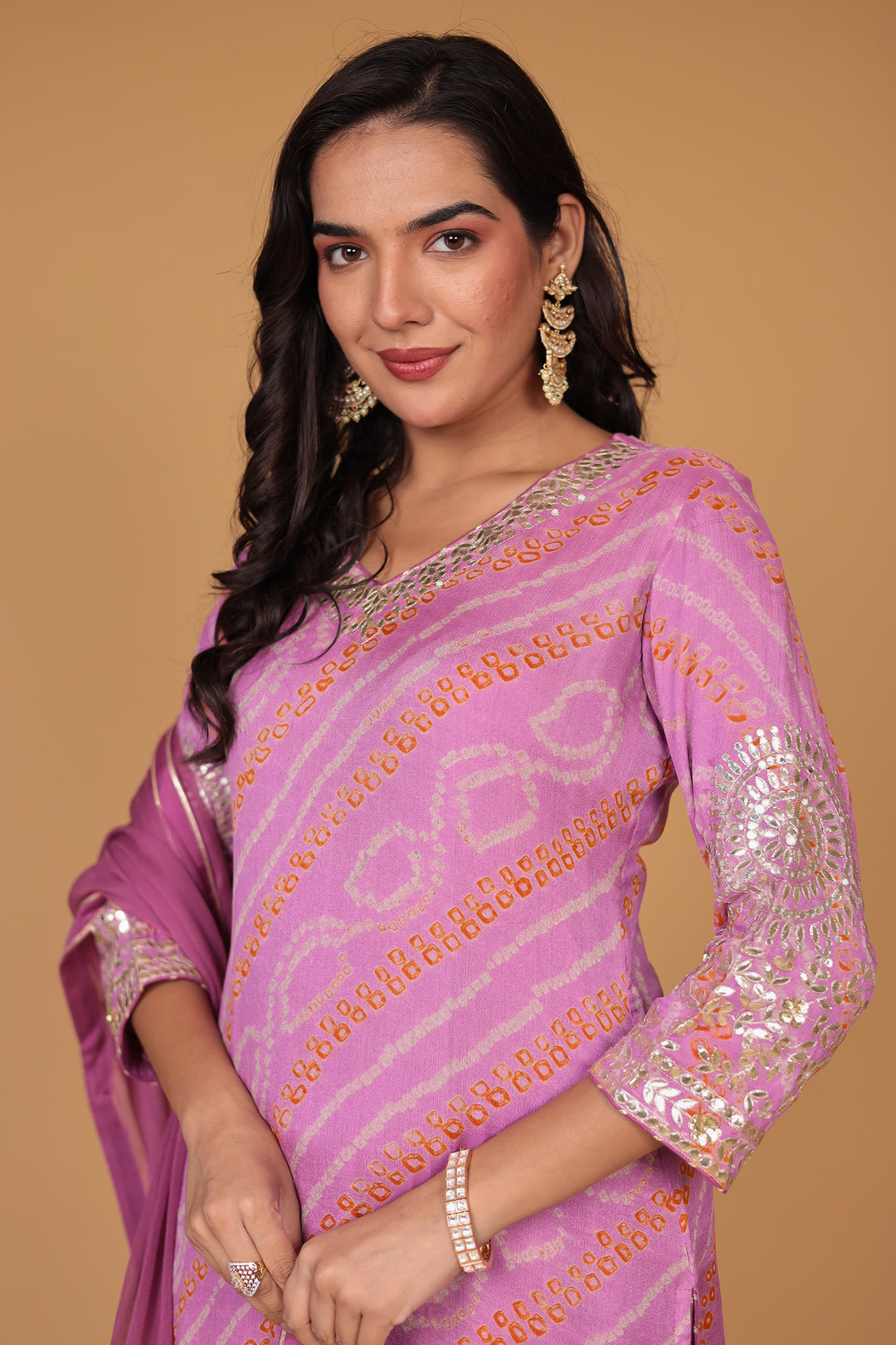 Bandhej Georgette Straight Suit with Aari and Gota Patti work