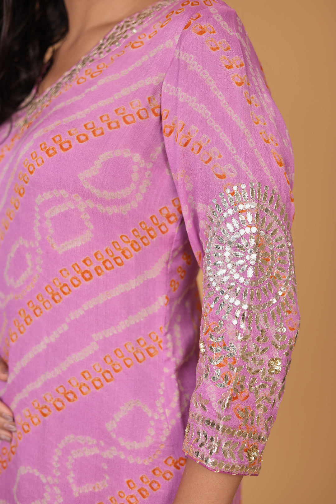 Bandhej Georgette Straight Suit with Aari and Gota Patti work