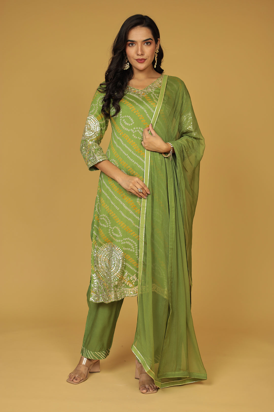 Elegant Light Green Bandhej Georgette Suit 