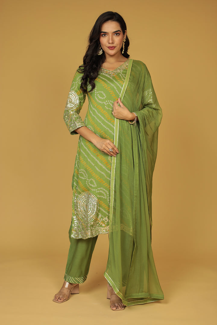 Elegant Light Green Bandhej Georgette Suit 