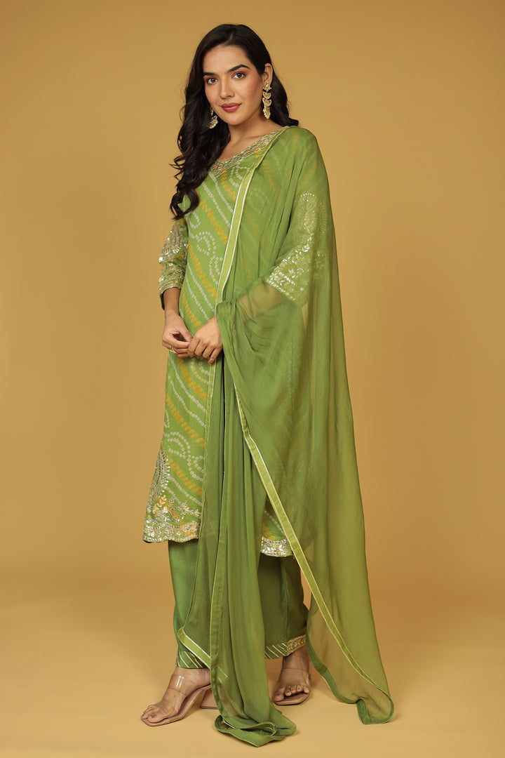 Bandhej Georgette Straight Suit with Aari and Gota Patti work