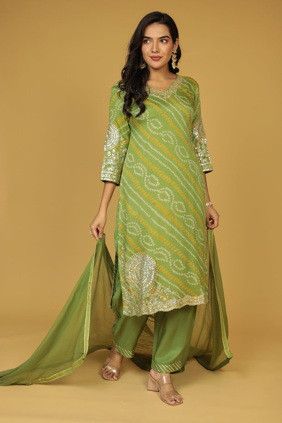 Bandhej Georgette Straight Suit with Aari and Gota Patti work