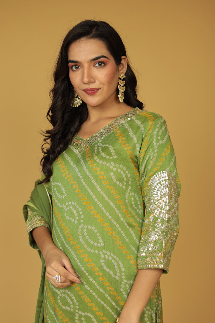 Bandhej Georgette Straight Suit with Aari and Gota Patti work