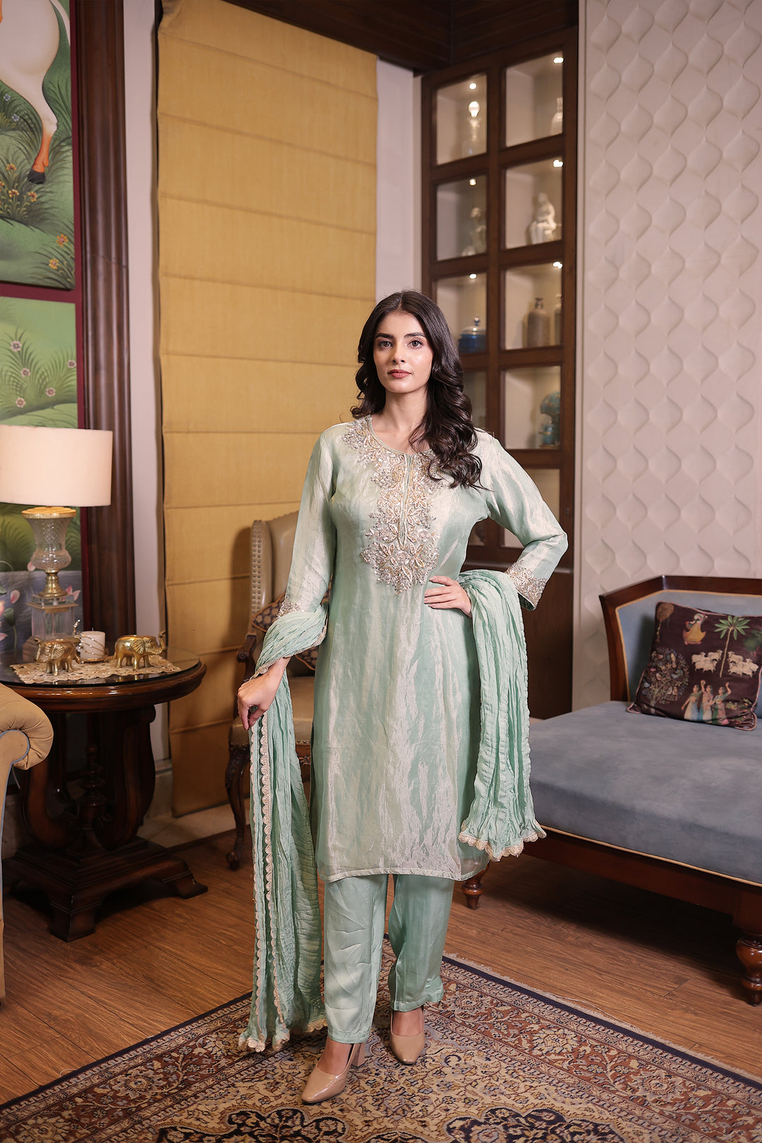 Elegant Tissue Suit set with Sequins and Zardozi work.