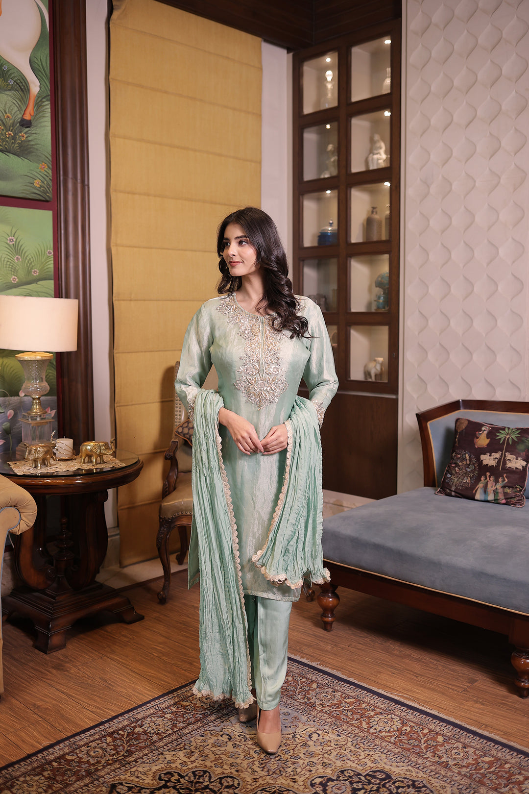 Elegant Tissue Suit set with Sequins and Zardozi work.