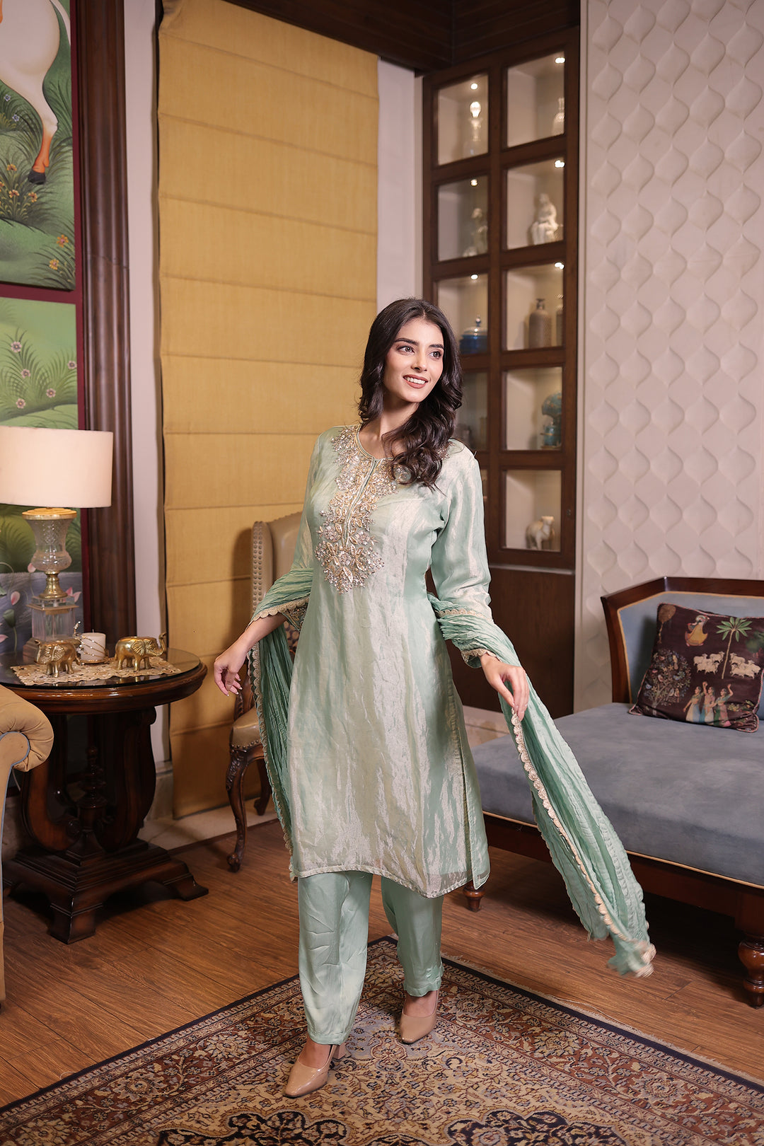 Stylish Light Green Tissue Suit Set