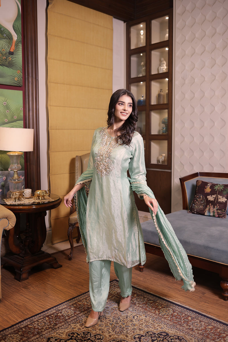 Stylish Light Green Tissue Suit Set