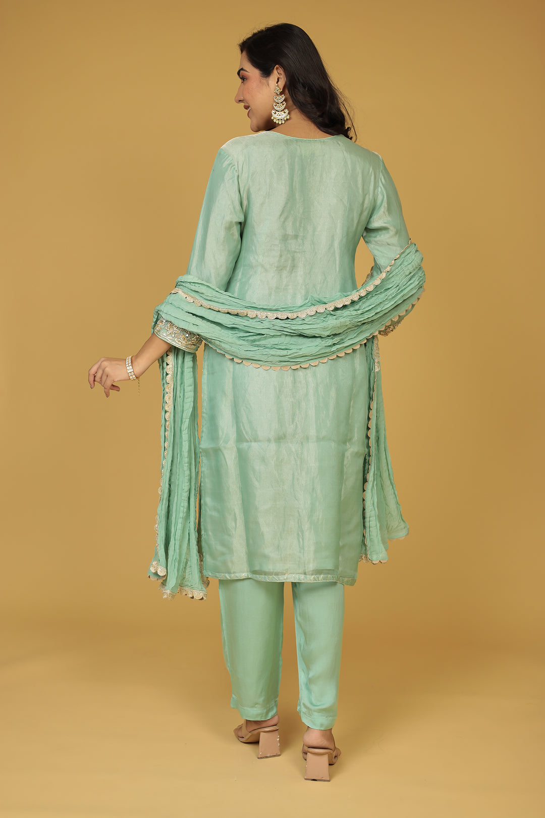 Shimmer Tissue Straight Suit with Sequins and Zardozi work