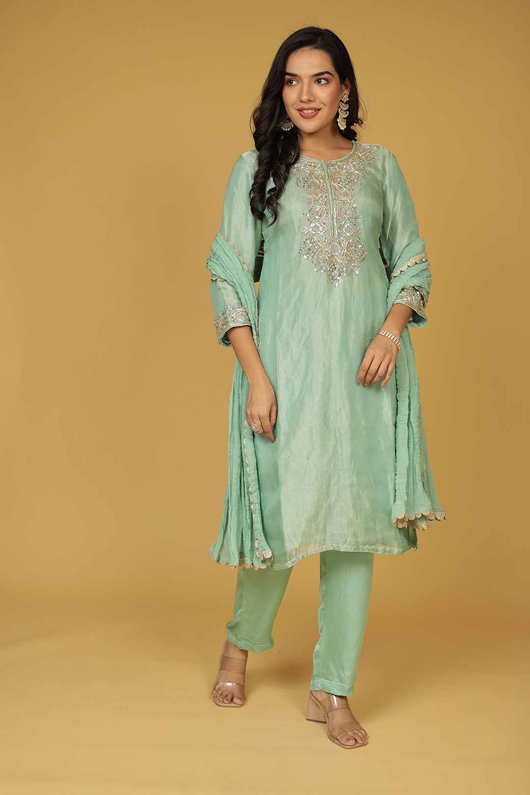 Ethnic Light Green Shimmer Tissue Suit 