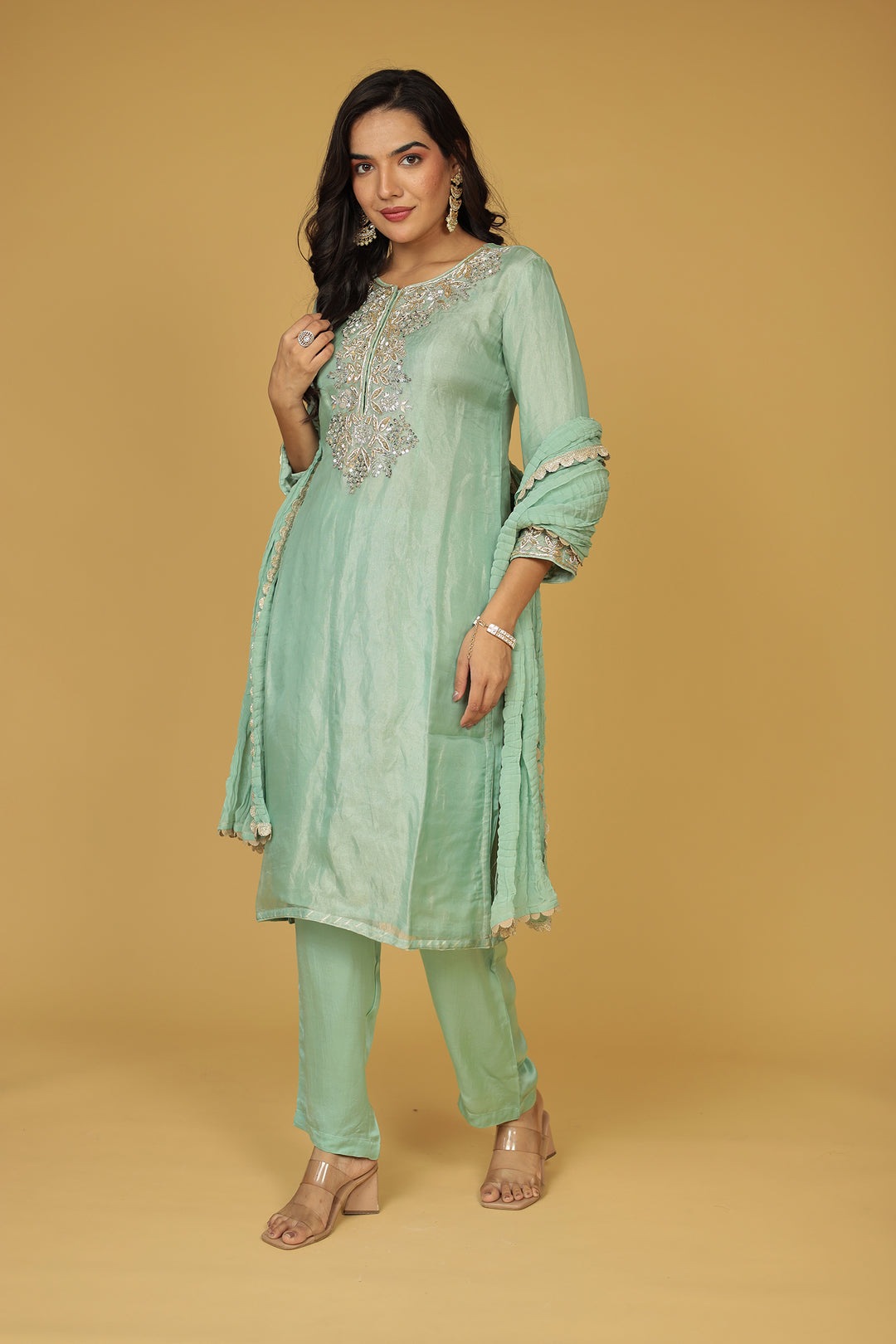 Shimmer Tissue Straight Suit with Sequins and Zardozi work