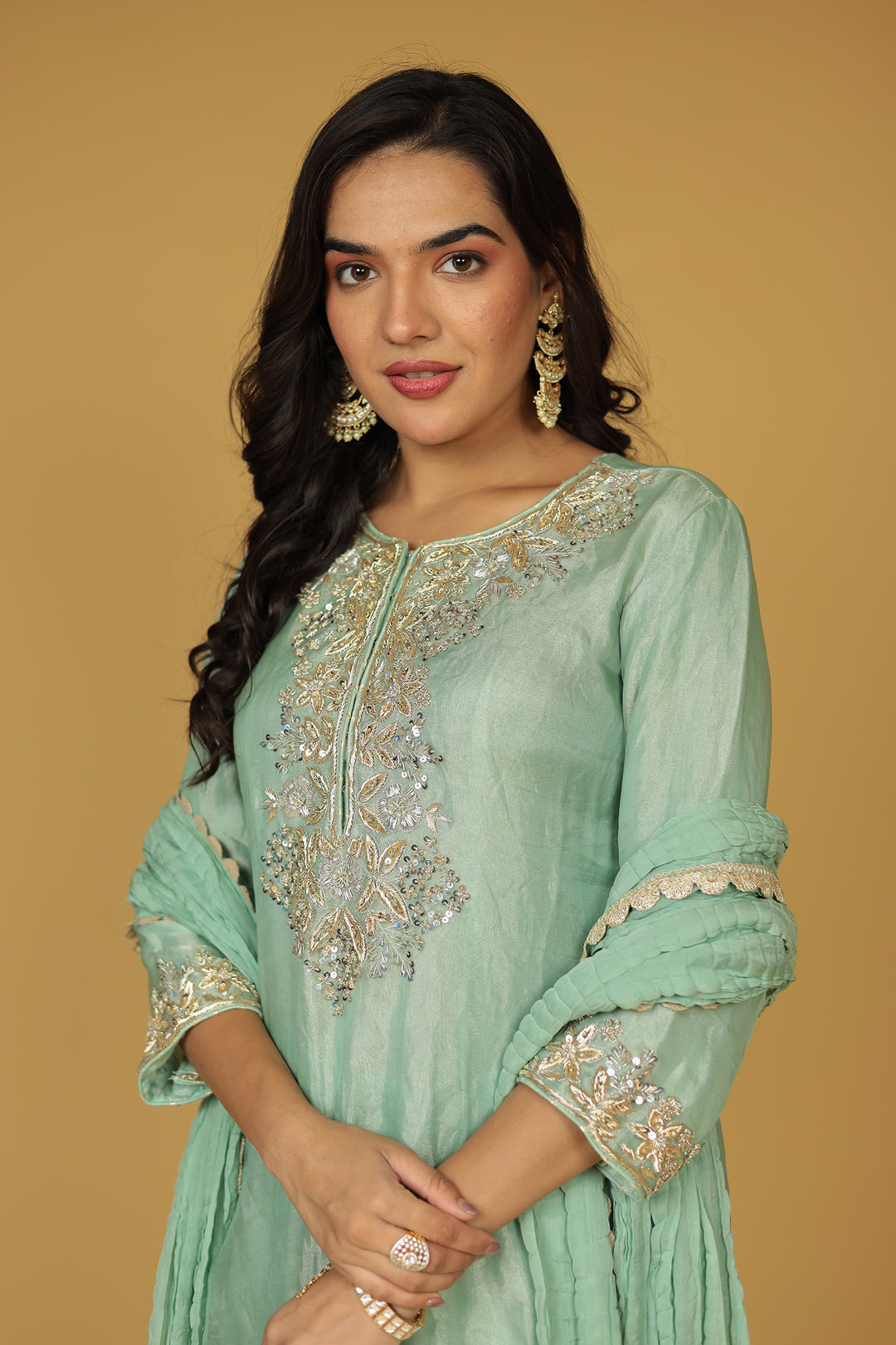Shimmer Tissue Straight Suit with Sequins and Zardozi work