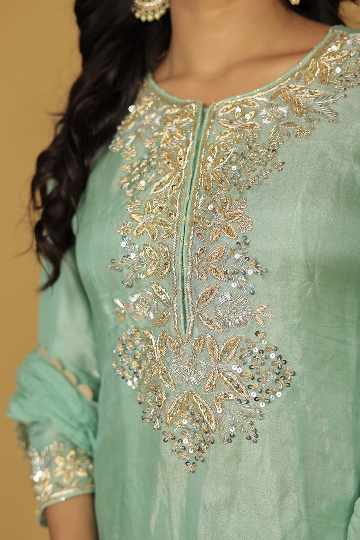 Shimmer Tissue Straight Suit with Sequins and Zardozi work