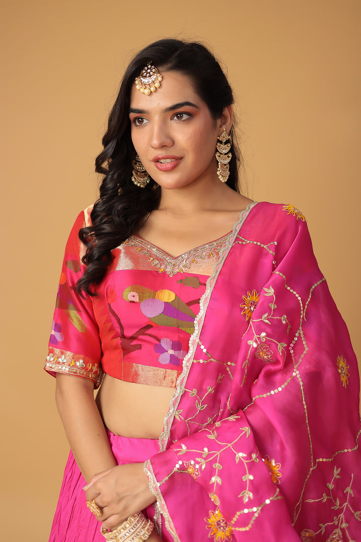 Handwoven Crushed Silk Lehenga with Dori, Gota Patti, Thread work