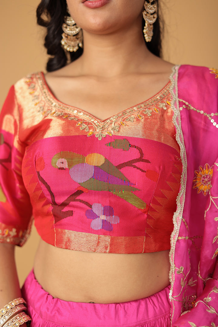 Handwoven Crushed Silk Lehenga with Dori, Gota Patti, Thread work