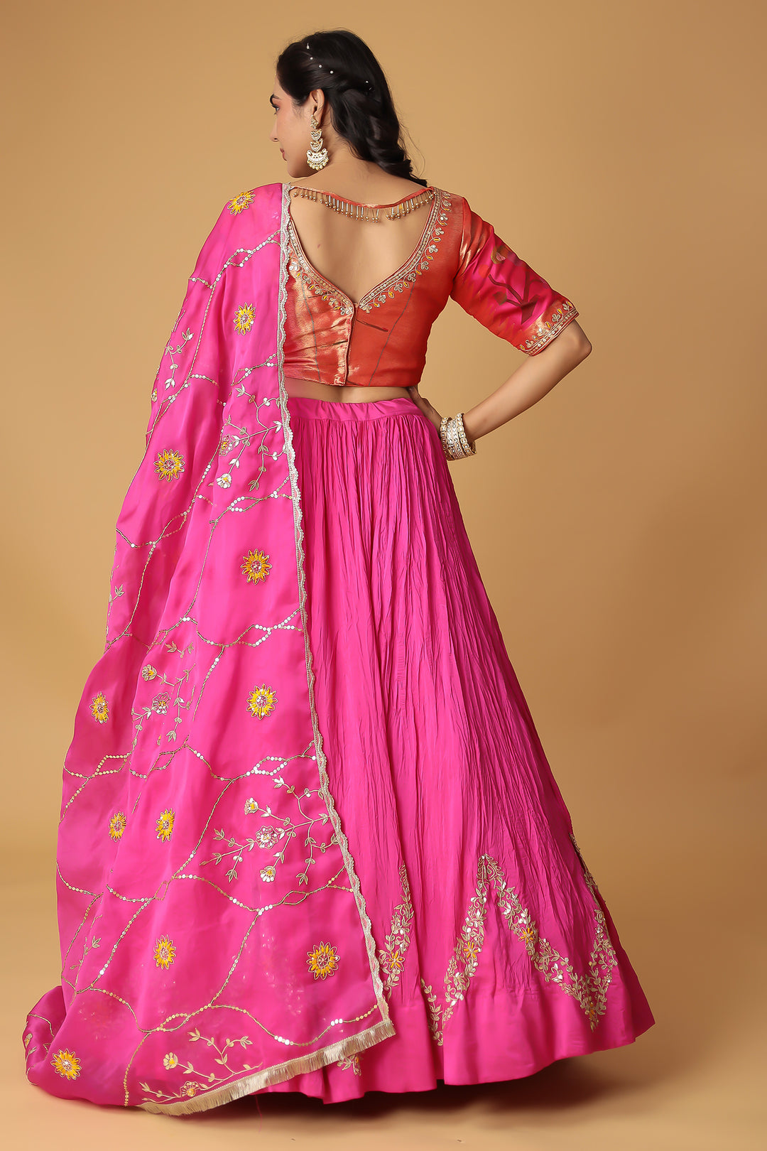 Handwoven Crushed Silk Lehenga with Dori, Gota Patti, Thread work