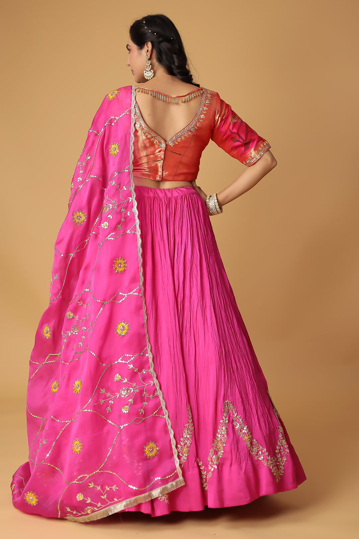 Handwoven Crushed Silk Lehenga with Dori, Gota Patti, Thread work