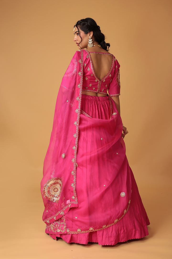 Crushed Silk Lehenga with Dori, Gota Patti, Pearl and Thread work