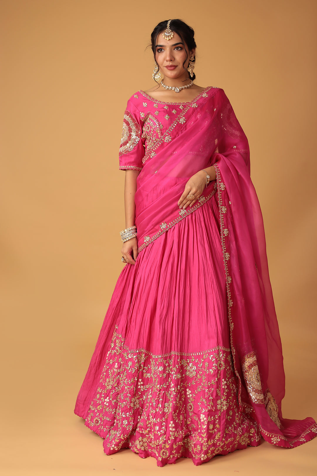 Dark Pink Crushed Silk Lehenga 