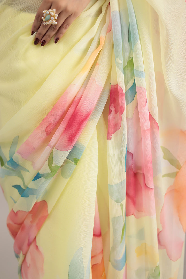Pastel Floral Print Chiffon Saree